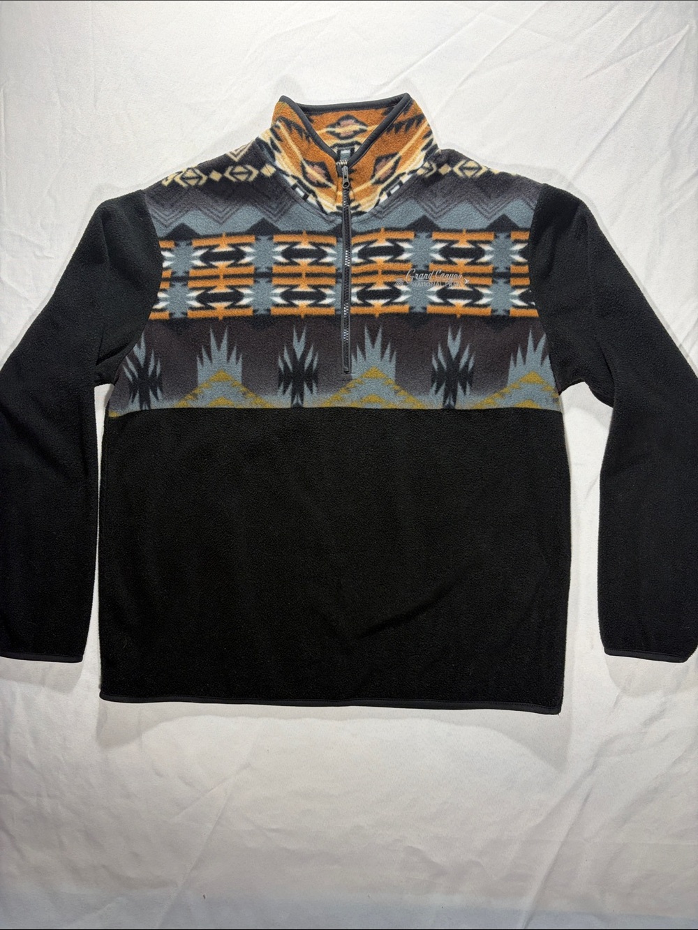 Men's Black Zip-Up Fleece Sweater with Aztec Yoke
